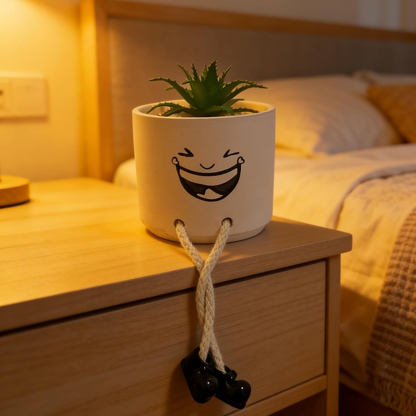 Artificial Succulents Potted Plant, Beige Cute Ceramics Planter with Faux Plants, Small Fake Plants Office Decor for Women Small Plants Pot with Hanging Leg for Shelf Decor