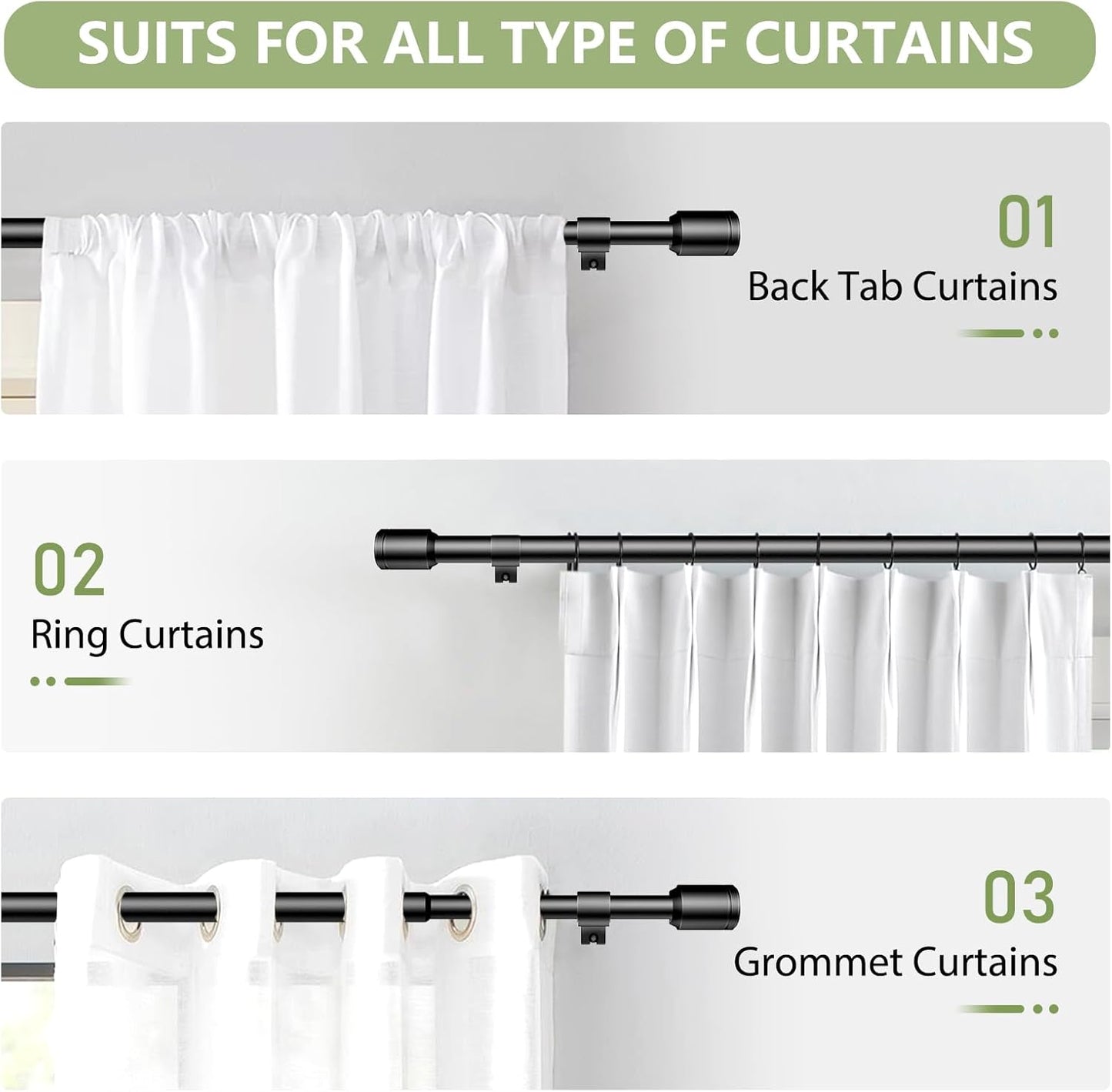 5/8” Diameter Curtain Rods 30-90 Inch, for 30-84 Inch Windows, Adjustable Splicing Black Curtain Rods for Windows with Brackets, Window Rod Long Small Curtains Rod