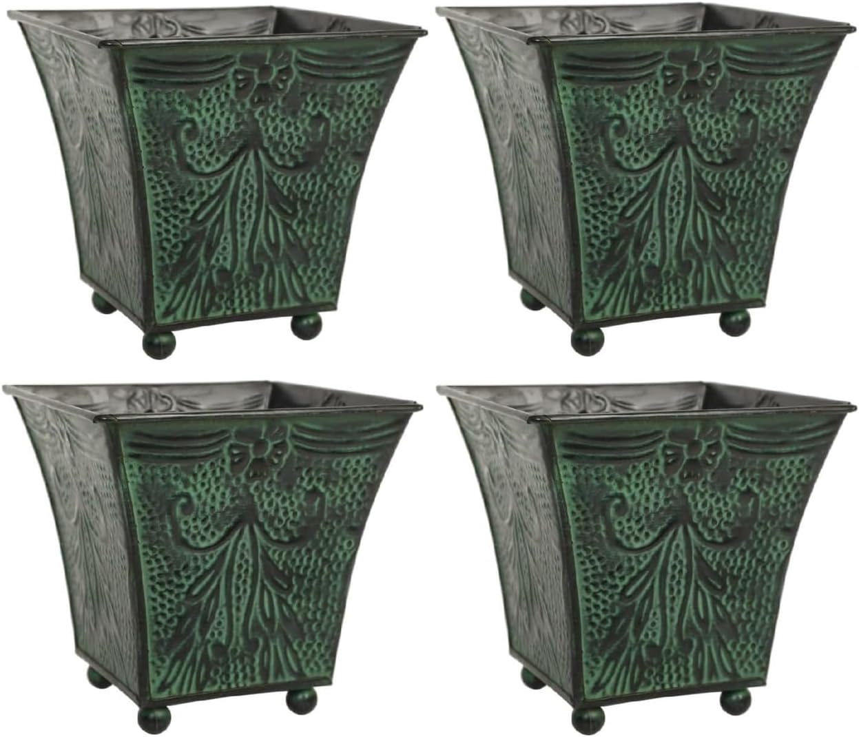 Hosley Set of 4 Green Patina Embossed Metal Planters with Ornate Flora