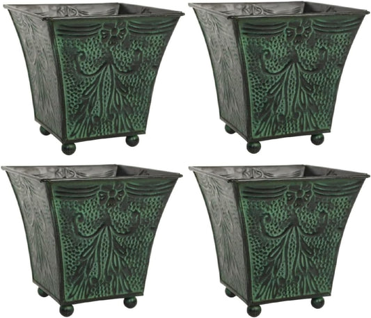 Hosley Set of 4 Green Patina Embossed Metal Planters with Ornate Flora