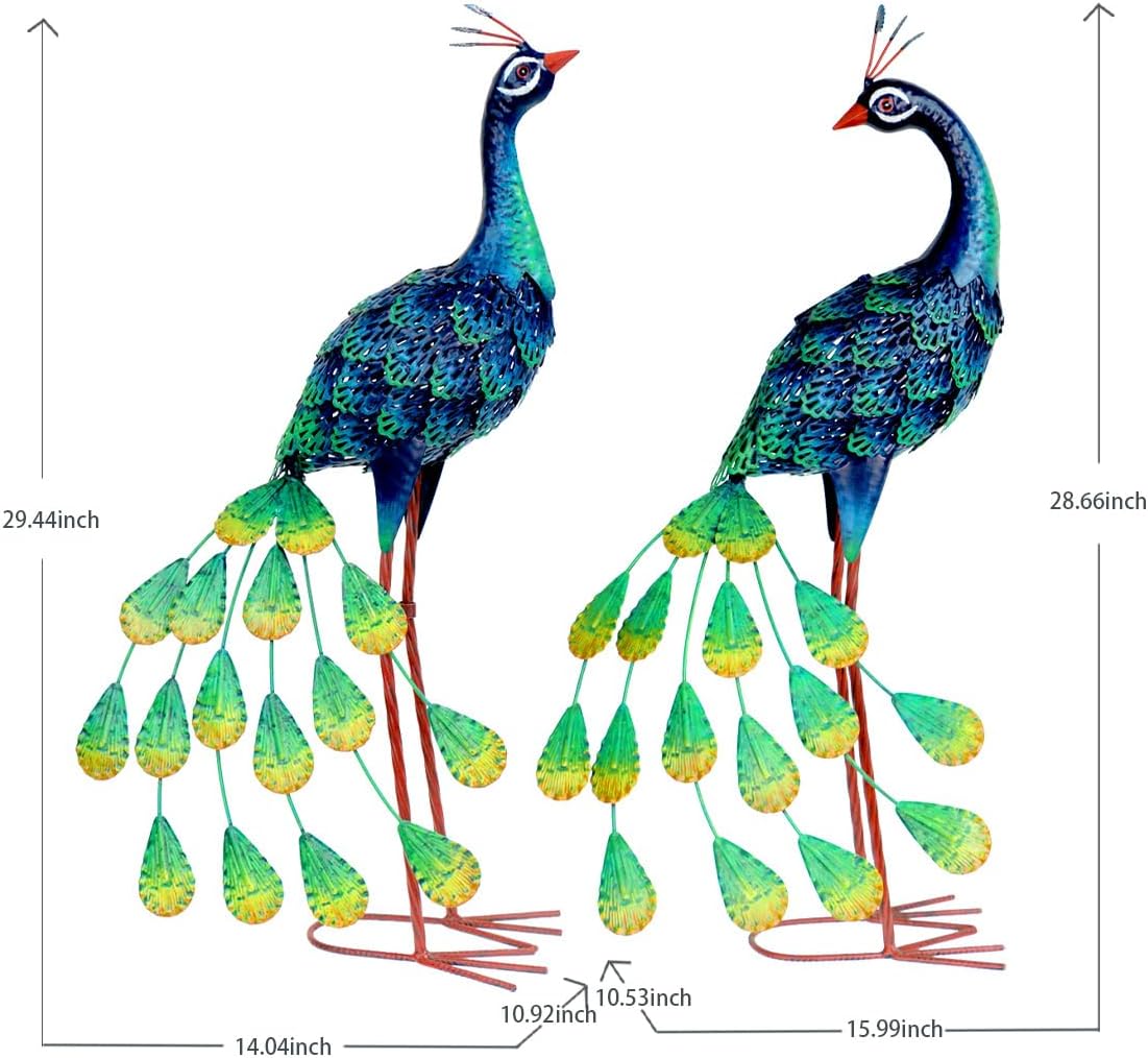 Kircust Solar Metal Peacock Statues - Set of 2 Weatherproof Outdoor Decor with Solar Lights for Garden, Yard, or Patio - Elegant Peacock Gifts