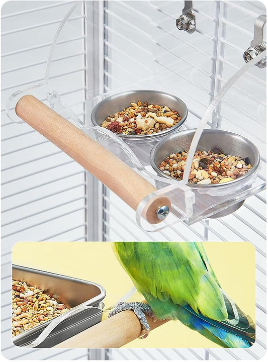 Bird Cage Seed Catcher Feeder with Perch and Anti-Slip Stand, Parrot Food Bowl for Medium Birds, Conures, Caiques, Small Cockatoos (S)