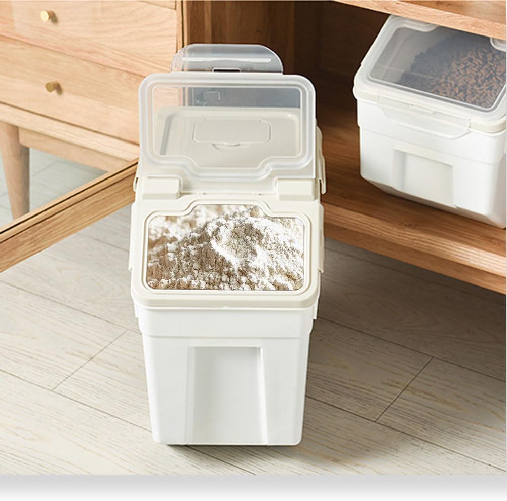 YXQ 25LB Large Flour Storage Container Bin ,2 Pack Airtight Plastic with Wheels Seal Locking Lid Dispenser Organizer Storage Bin with Measuring Cup & Scoop for Flour, Rice, Grain 50LBS Total