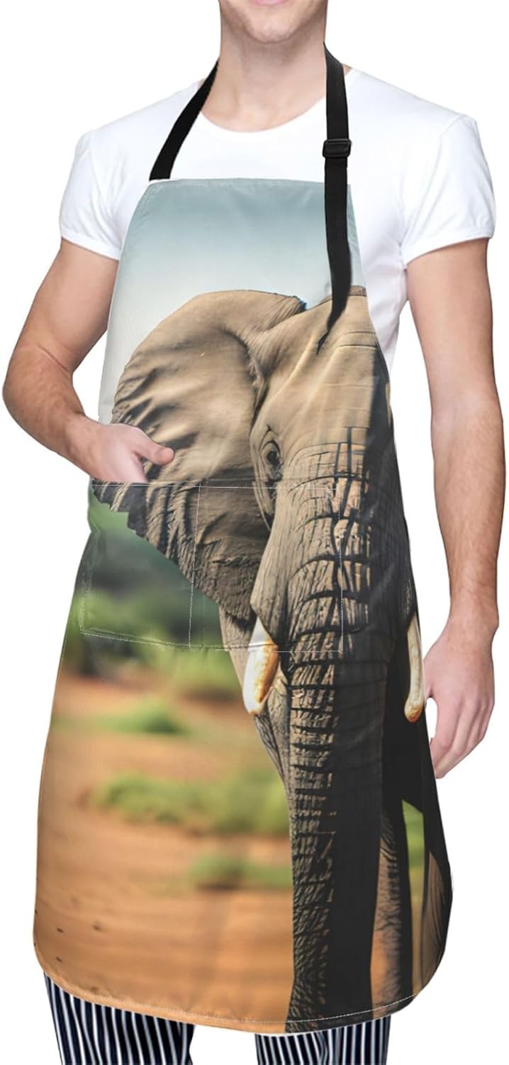 African Elephant print Waterproof chef's apron with pocket apron for kitchen cooking baking barbecue and gardening