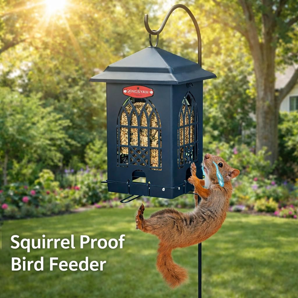 Kingsyard Squirrel Proof Bird Feeders for Outdoors with Weight-Activated Perches, 5 Lbs Capacity Large Metal Bird Feeder House for Small Wildbirds Cardinal Finch Bluebird, Weatherproof, Blue
