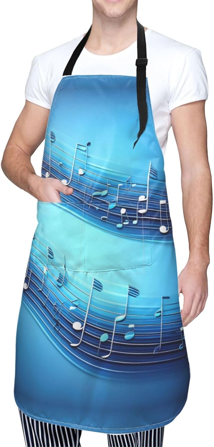 Sky blue musical notes Print Laundry apron 28x33 In Waterproof Kitchen Apron with Pockets for Cooking Baking