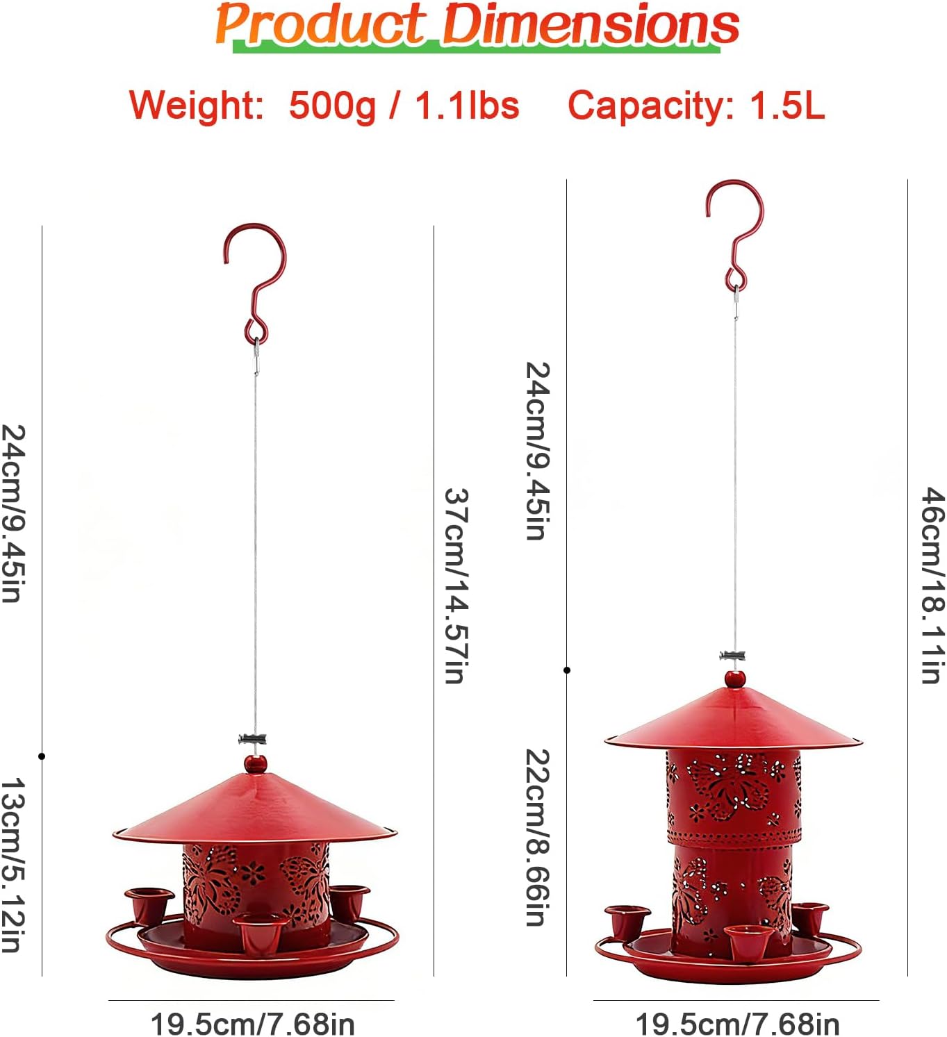 MIGHTYDUTY Wild Bird Feeders Hanging Squirrel Proof Bird Feeder 50 Ounces Large Capacity Foldable Metal Bird Seed Feeders with 3 Water Cups for Small Birds for Outdoors Garden Backyard (Red)