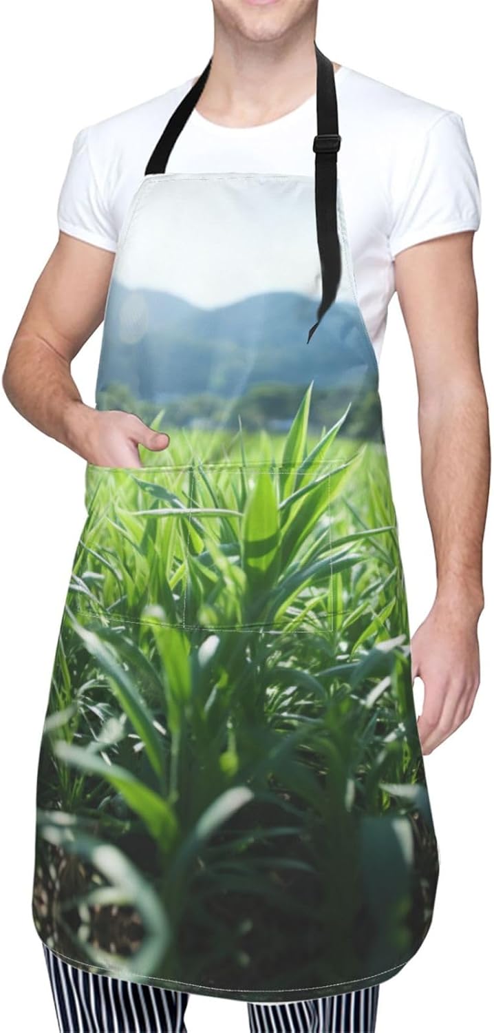 Organic Green print Waterproof apron with pocket adjustable cooking apron for adult kitchen bibs to bake