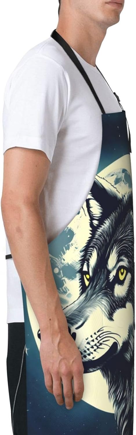 Wolf Night Moon Print 28x33 In Adult Kitchen Apron with Pockets Versatile Chef Smock for Cooking Baking