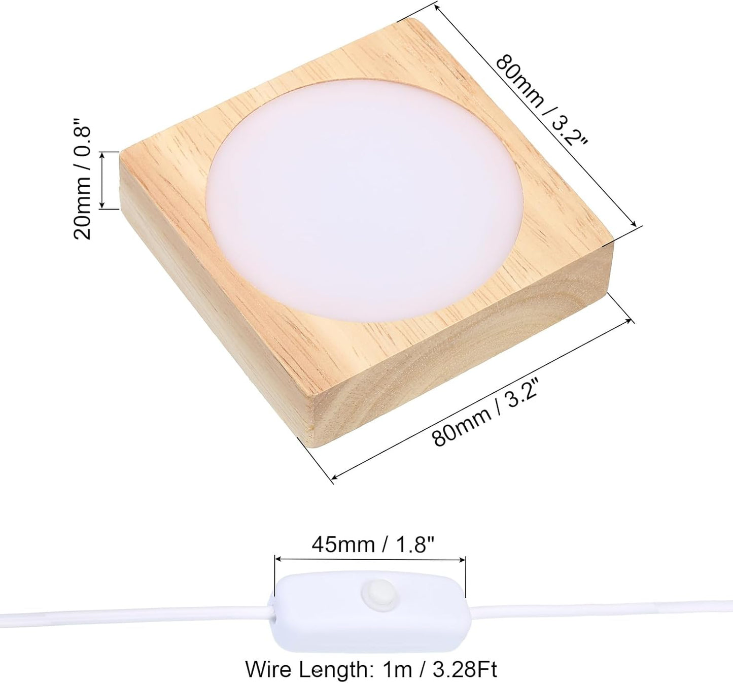 PATIKIL 3.2x3.2 Inch Wooden LED Light Base, Wood Light Display Base Stand Lighting with Switch for 3D Crystal Glass Aroma Stone Art, Warm White Light