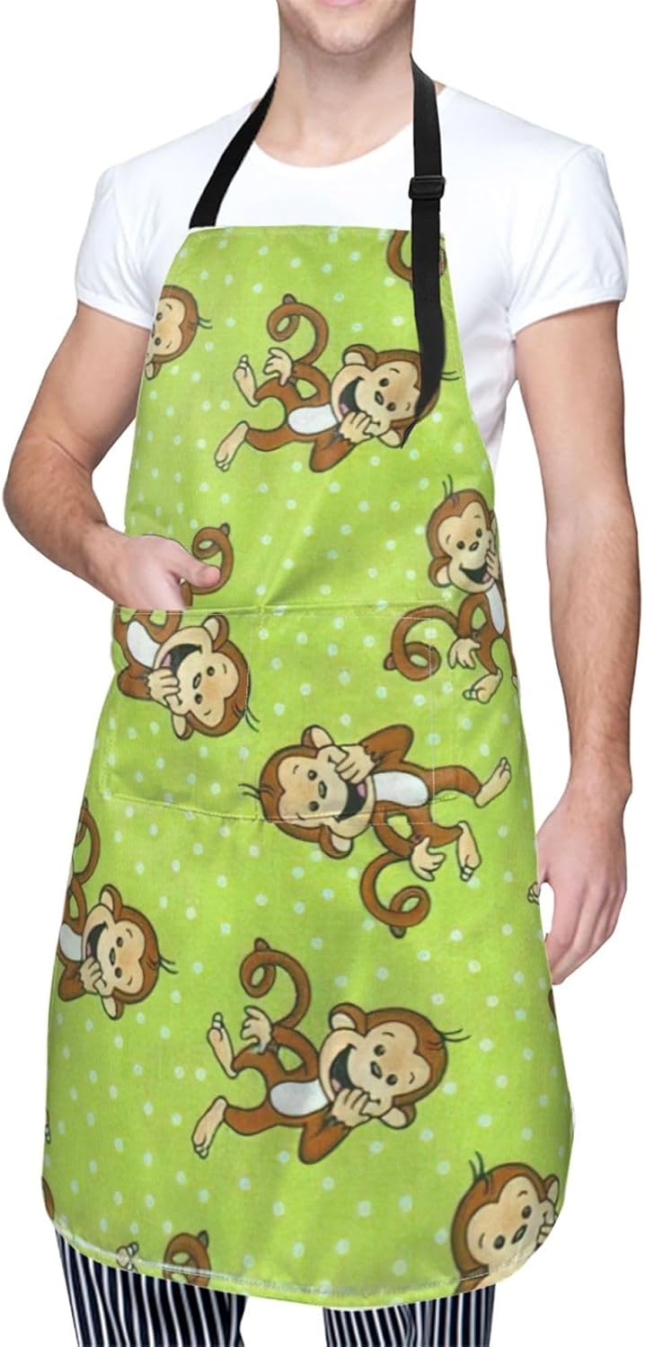 Green Clever Monkey Print Laundry apron 28x33 In Waterproof Kitchen Apron with Pockets for Cooking Baking