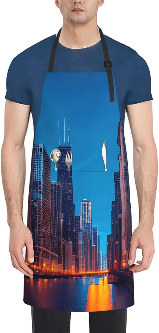 YANYU Chicago Night Print 28x33 In Kitchen Apron Stylish Chef Apron with Pockets for Cooking Baking Painting