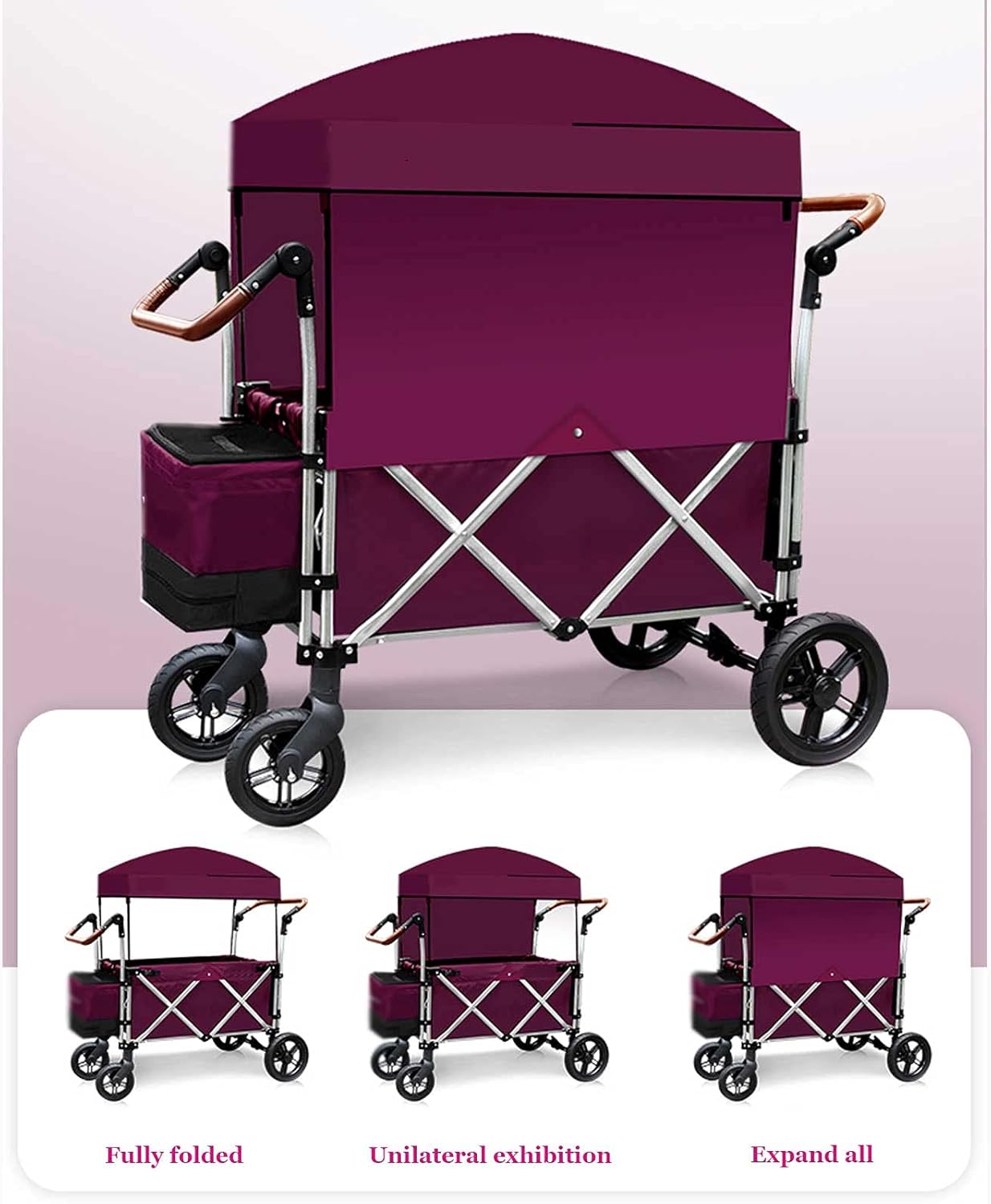 Foldable Gorilla Cart Sliding Storage Collapsible Beach Wagon Collapsible Wagon with A Canopy Suitable for Shopping Picnics Beach (Violet)