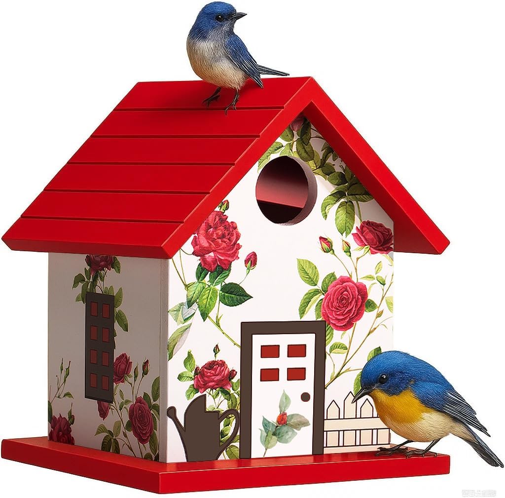 Spring Melody Bird House, Composite Material Nesting Box, Hanging Birdhouse for Blue Bird, Squirrel Proof Birdhouse for Outside, 10 Years Water Proof Weatherable Pole Mountable Bird House (Red)