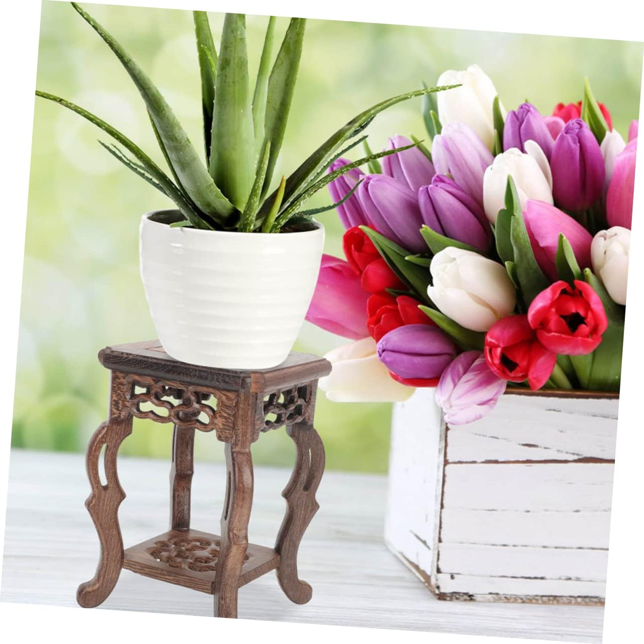 PRETYZOOM Antique Jade Carving Stand Wooden Planter Holder Home Decor Vase Display