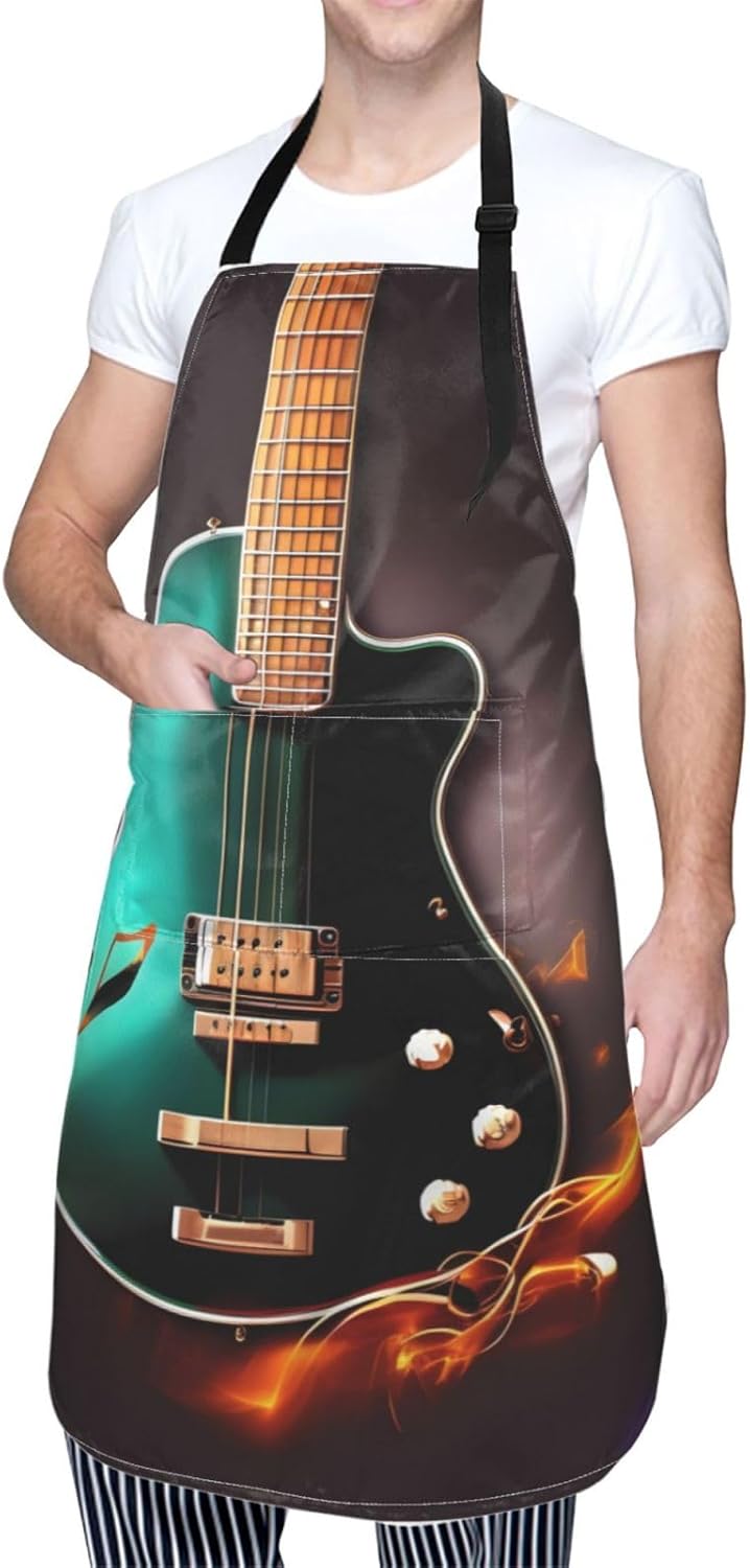 Music Green Guitar print Waterproof apron with pocket adjustable cooking apron for adult kitchen bibs to bake