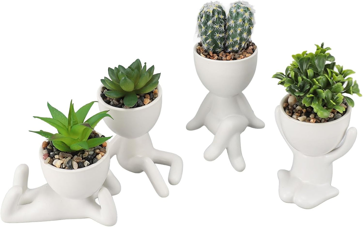 Artificial Succulent Planter Pot Cute Human Shaped Ceramic Plastic Fake Succulents with Pots for Home Office Decoration 4pcs Set