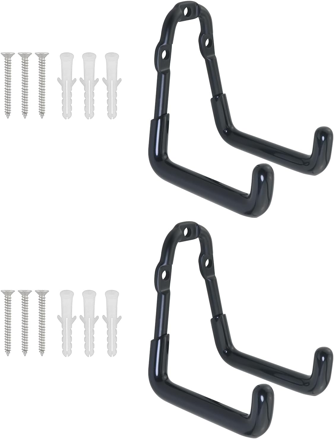2PCS Wall Mounted Metal Double Hooks with 6 Screws Heavy Duty Storage Rack Bicycle Hook 3.3x2.9x2.2x2.1 inches for Organizing Ropes Chairs Hoses Axes Baseball Bats Garden Tools Shovels