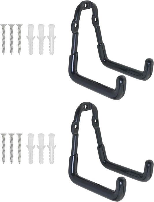2PCS Wall Mounted Metal Double Hooks with 6 Screws Heavy Duty Storage Rack Bicycle Hook 3.3x2.9x2.2x2.1 inches for Organizing Ropes Chairs Hoses Axes Baseball Bats Garden Tools Shovels