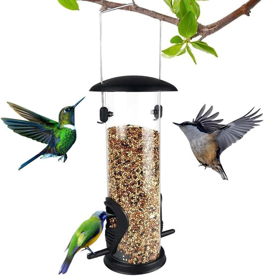 Metal Bird Feeder, Tube Bird Feeders for Outdoors Hanging, Heavy Duty Chew-Proof and Rust-Proof Tube Bird Feeder, Weatherproof & Steel Hanger, Attracting for Wild Birds (Black)