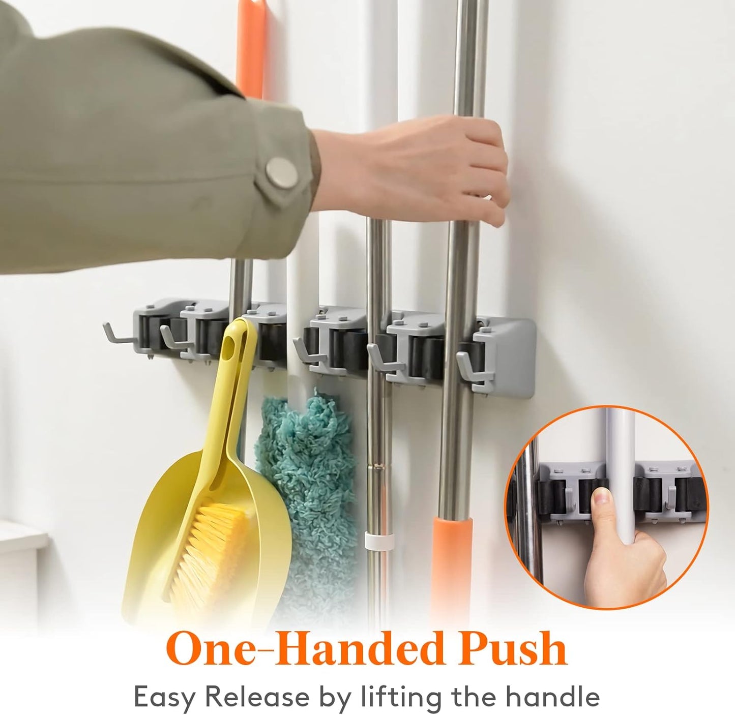 Lifewit Mop and Broom Holder Wall Mount, Anti-Slip Broom Hanger for Cleaning Supplies Organizer, Easy Install Tool Hanging Rack for Closet, Kitchen, Garage, 5 Slot 6 Hooks, Hold 30lbs, Gray, 2 Pack