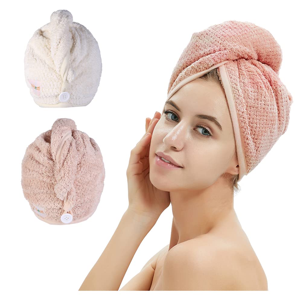 2 Pack Microfiber Hair Towel Wrap,Hair Drying Towel with Button, Hair 