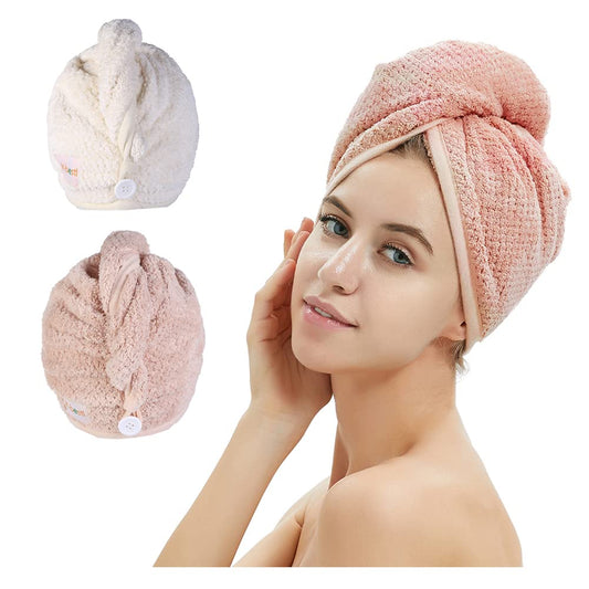 2 Pack Microfiber Hair Towel Wrap,Hair Drying Towel with Button, Hair 