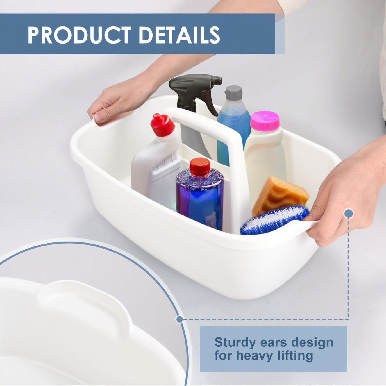 Cleaning Supplies Caddy with Handle, Portable Shower Caddy Organizer Plastic Basket with Handle, Stackable Tool Storage for Bathroom, Garden, Kitchen, Home Organization, White