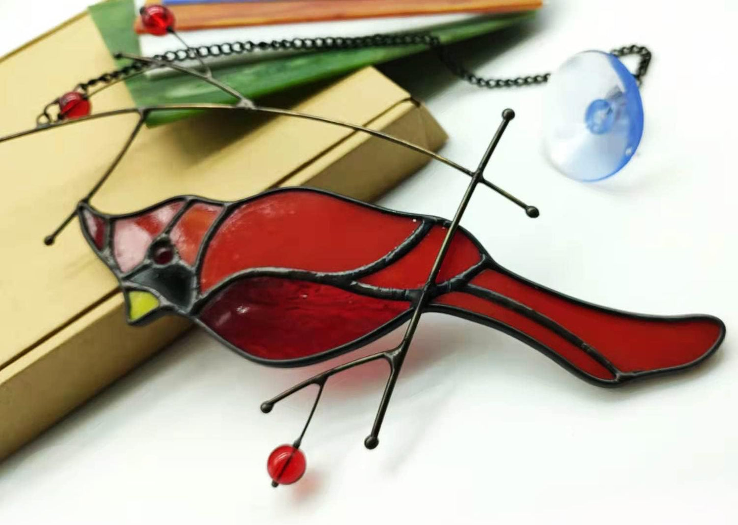 Stained Glass Cardinal Bird Window Hanging Sun Catcher Home Decoration