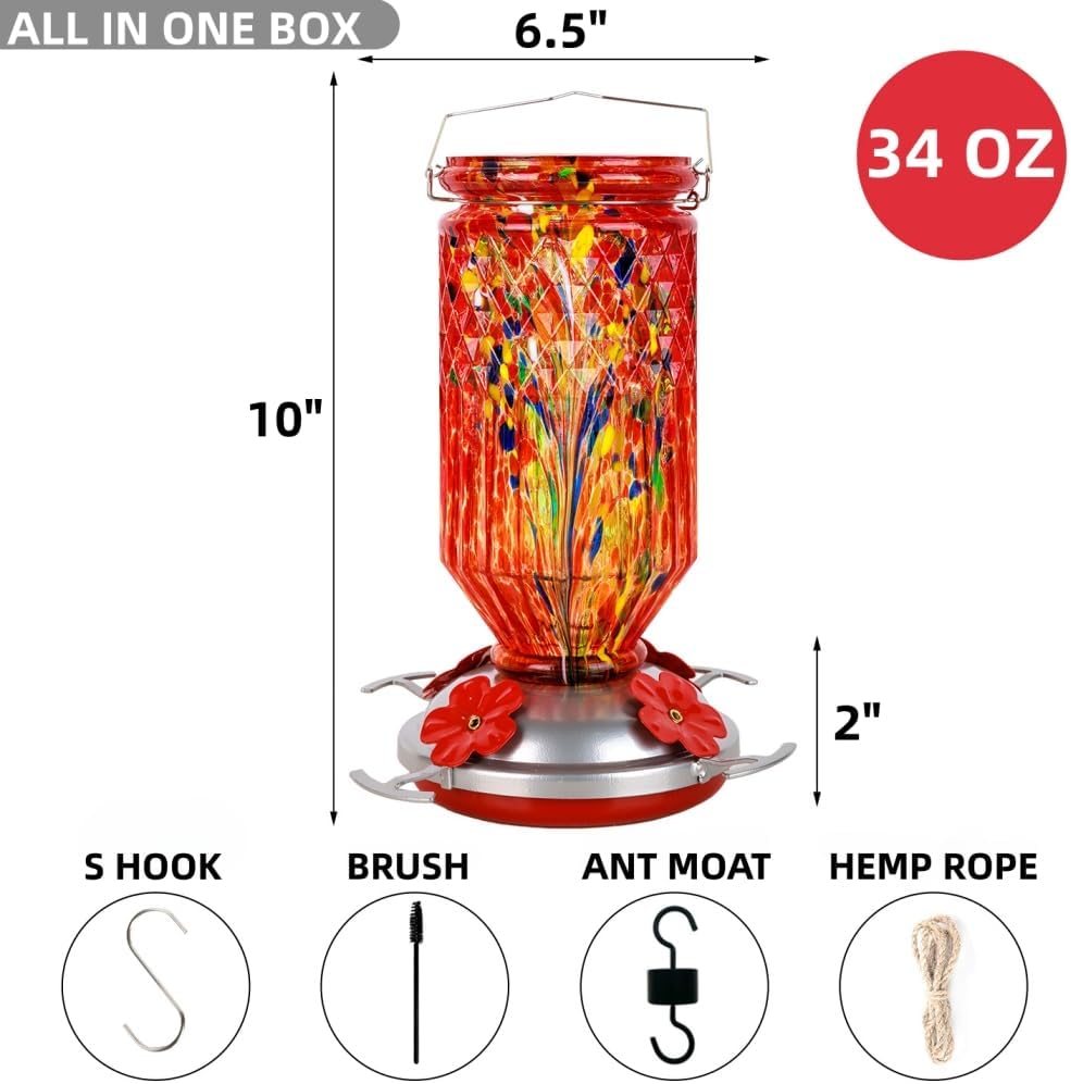 Hand Blown Glass Hummingbird Feeder for Outdoors Hanging Round Chaning Color 32 OZ Large Humming Birds Feeders with Accessories Gift for Women Mom (Red)