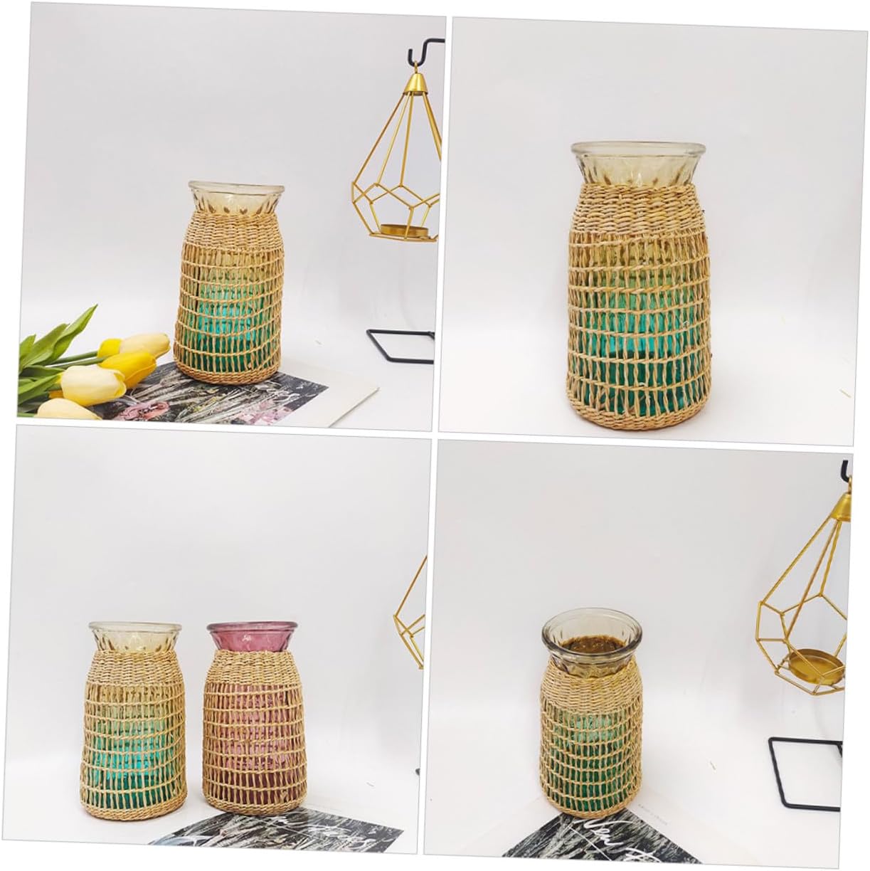 BESTOYARD 2pcs Rattan Woven Glass Flower Vase Set, Wide Mouth Desktop Vase, Decorative Planter Pot for Home and Office Décor, Blue and Burgundy Color, Boho Style