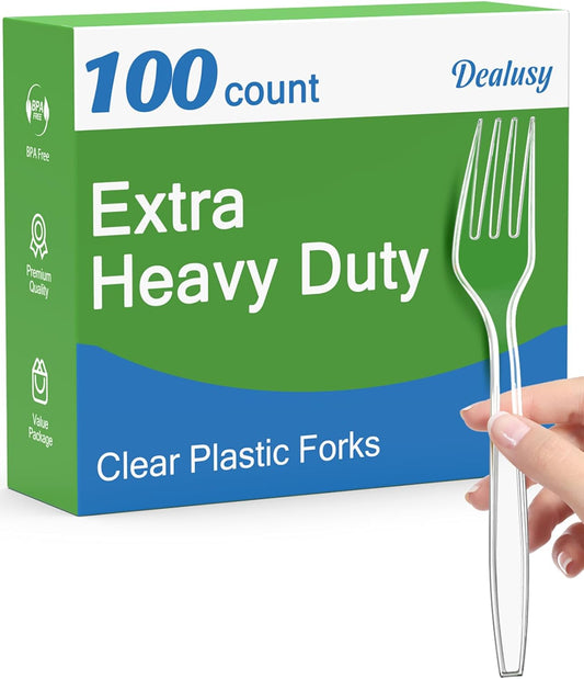100 Count Extra Heavy Duty Clear Plastic Forks Disposable, BPA-Free, H