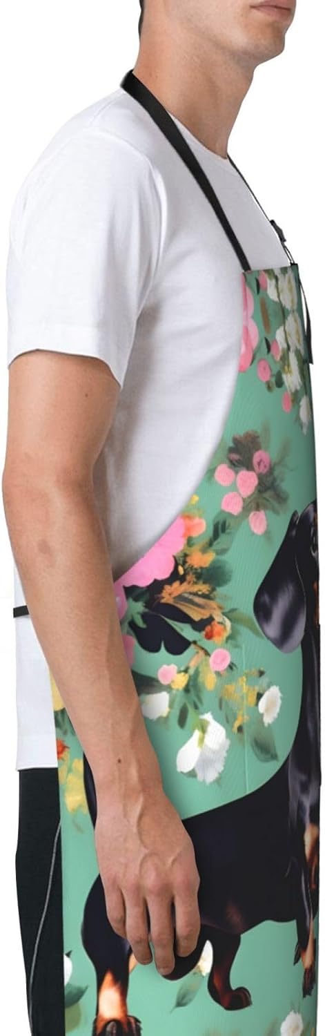 Dachshund Florals print Waterproof apron with pocket adjustable cooking apron for adult kitchen bibs to bake