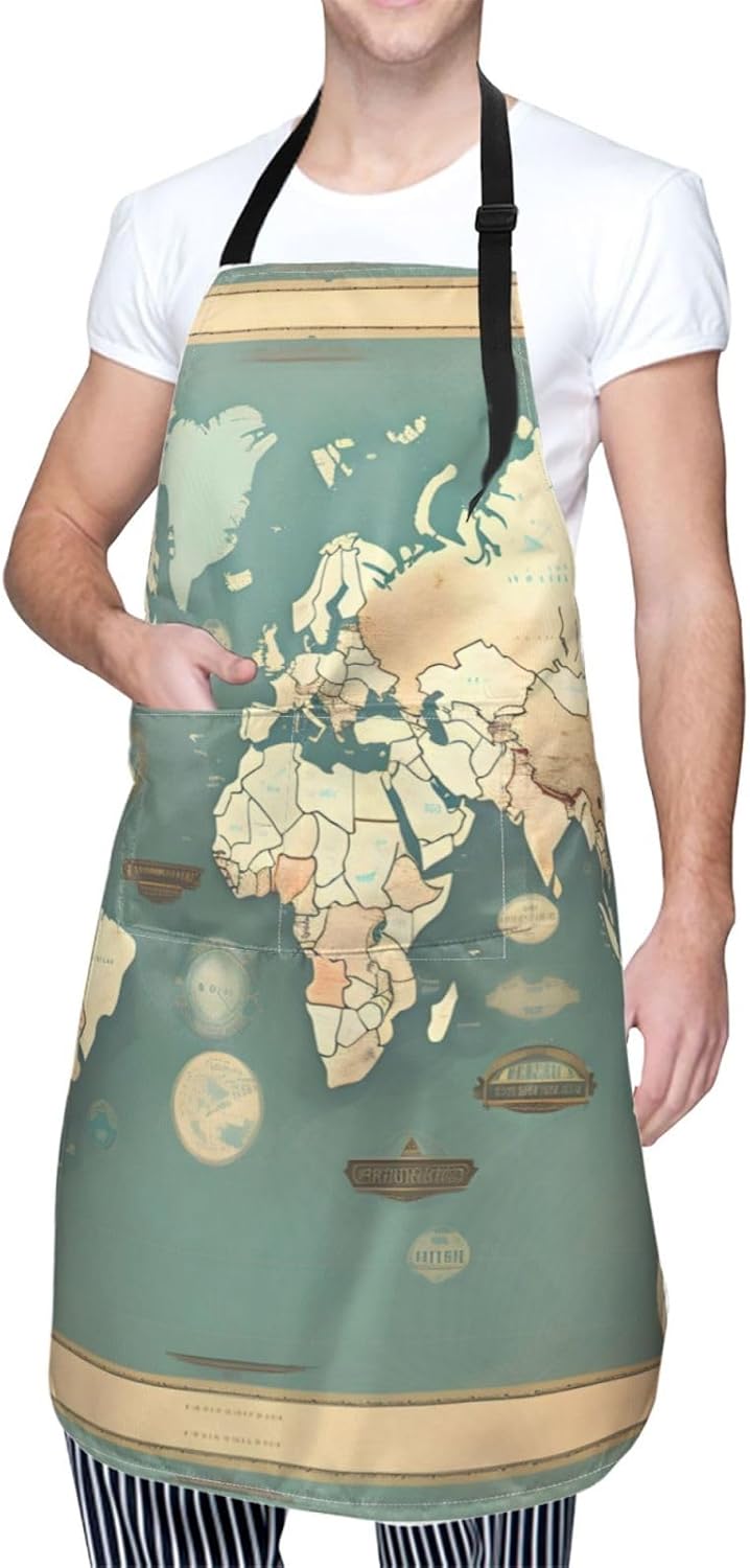 World Map Retro Print 28x33 In Adult Kitchen Apron with Pockets Versatile Chef Smock for Cooking Baking