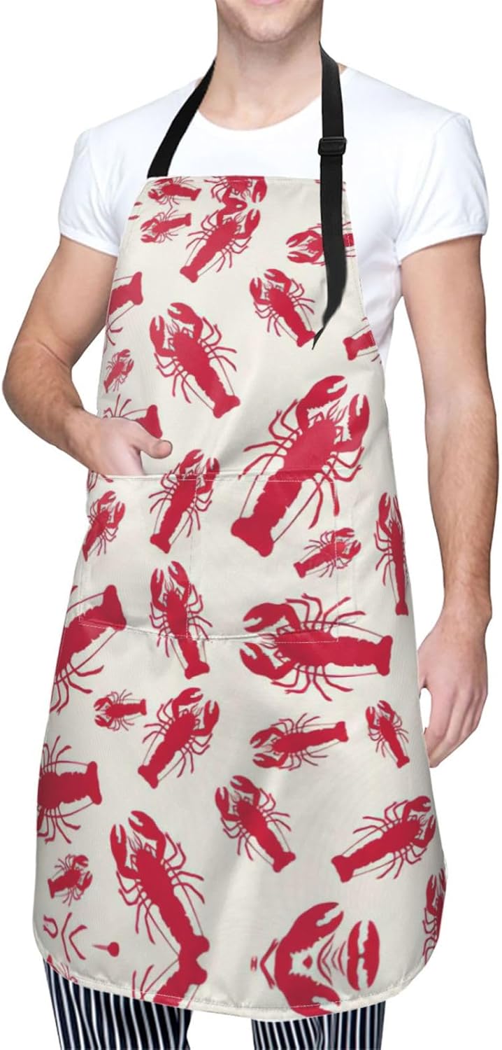 Red Lobster Print 28 x 33in Waterproof Apron with Pockets Fashionable Versatile Smock for Baking