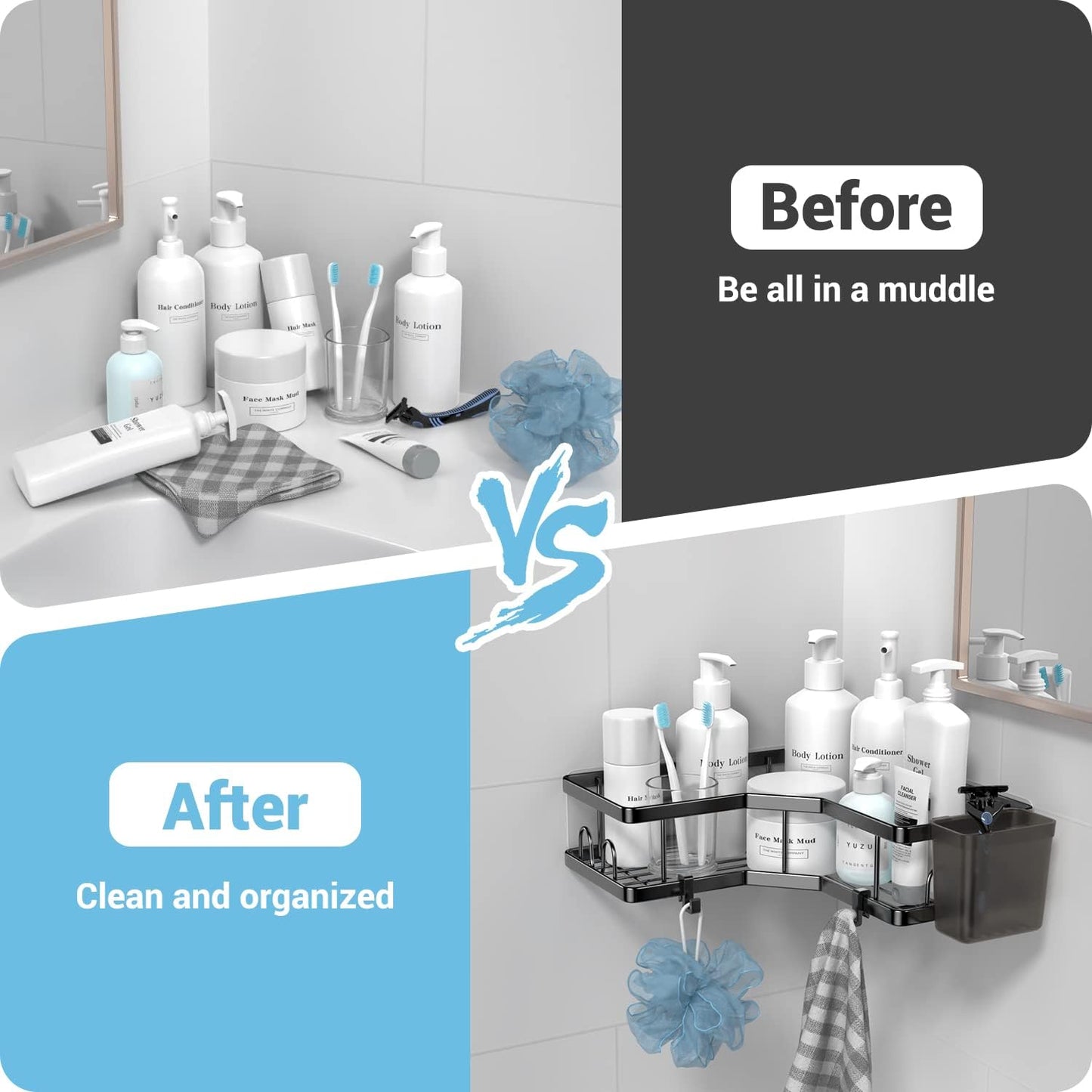 Corner Shower Caddy, 2 Pack Adhesive Shower Corner Organizer Shelves, No Drilling Stainless Steel Shower Storage Rack with Hooks&Toothpaste Holder for Bathroom Kitchen （for 90° Corners Only）