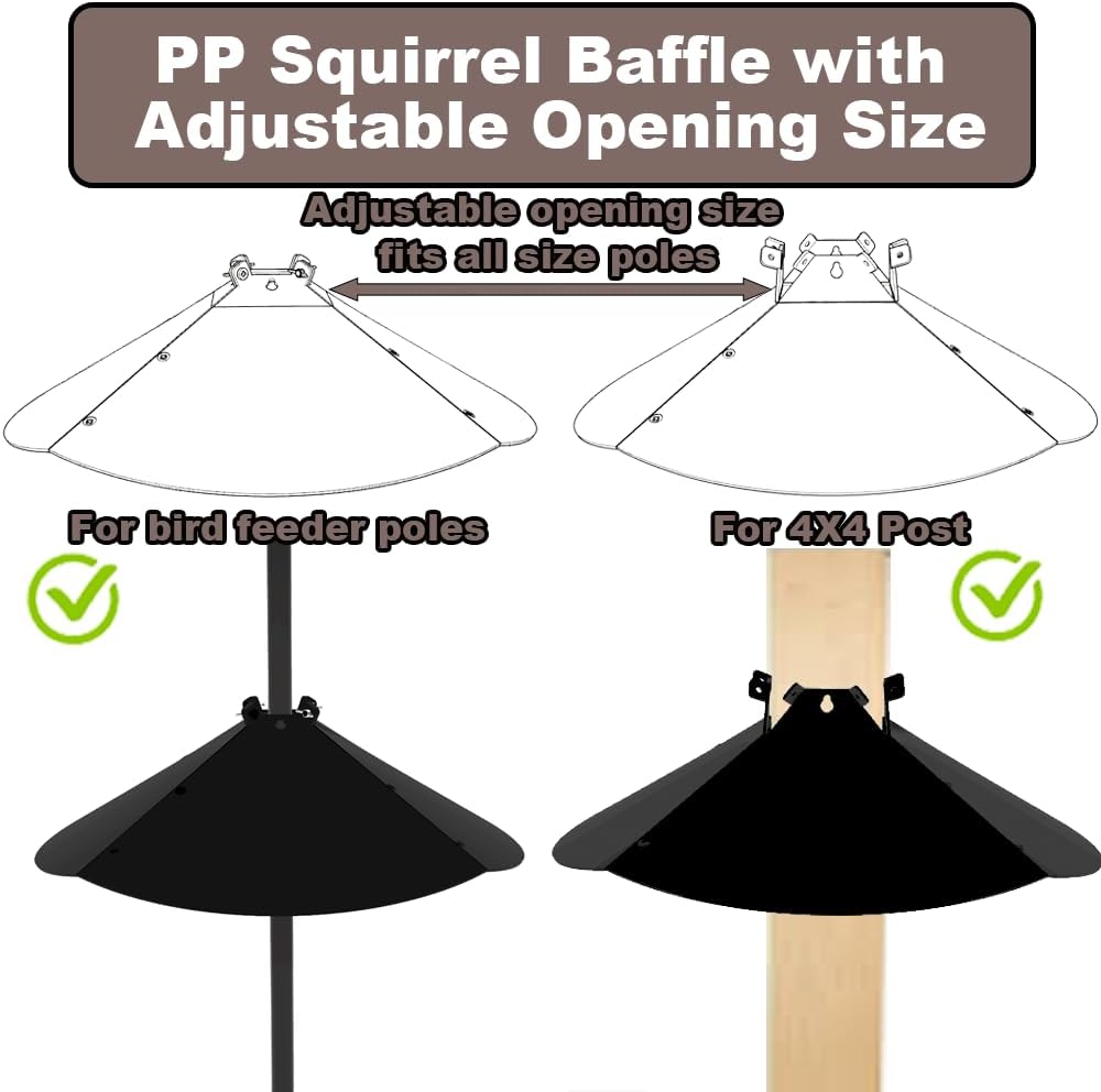 20 Inch Squirrel Baffle for Bird Feeder Pole, Adjustable Opening Size, for Up to 4x4 Inch Wide Wooden Post, Outside Pole Mount Bird House Guard for Outdoor Shepherd’s Hook.