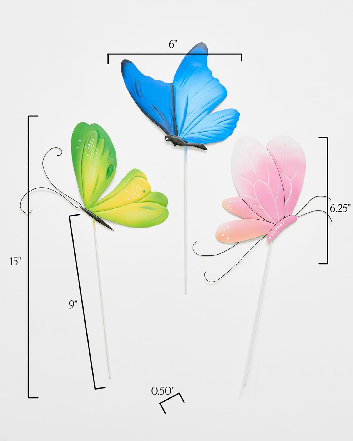 6.25" Metal Butterfly on 9" Stick for Pots and Planters, Set of 3