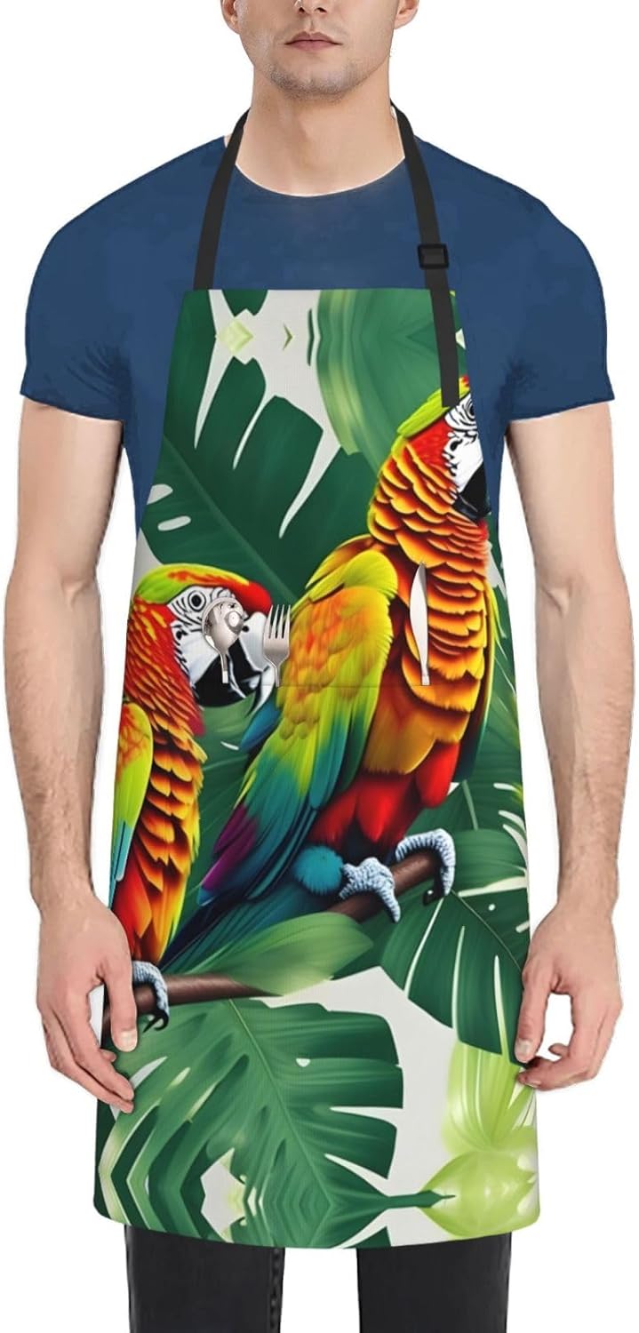 Tropical Flower Leaf Parrot Print 28x33 In Adult Kitchen Apron with Pockets Versatile Chef Smock for Cooking Baking