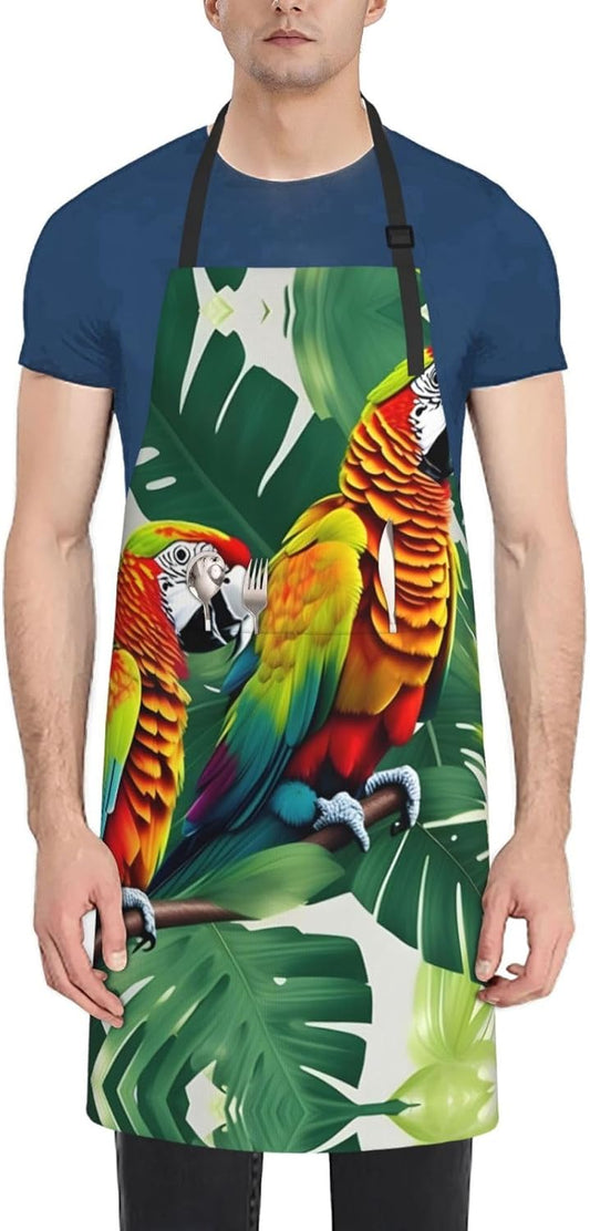Tropical Flower Leaf Parrot Print 28x33 In Adult Kitchen Apron with Pockets Versatile Chef Smock for Cooking Baking