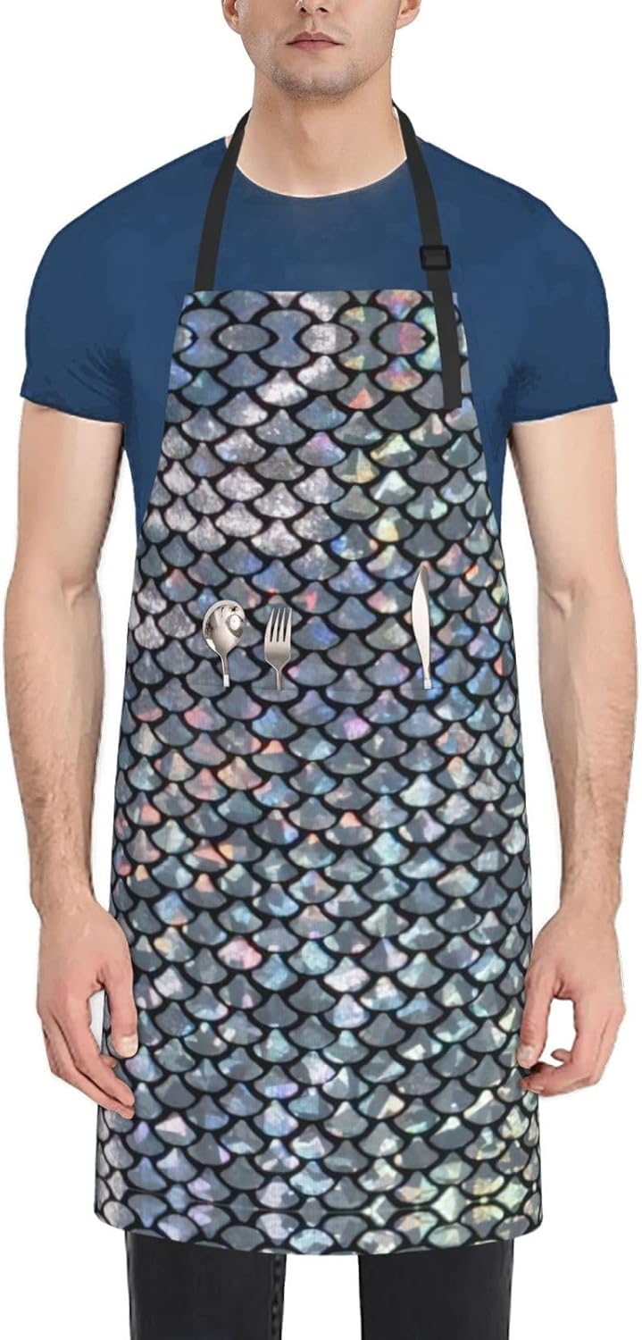 Silver fish scale print Waterproof apron with pocket adjustable cookin