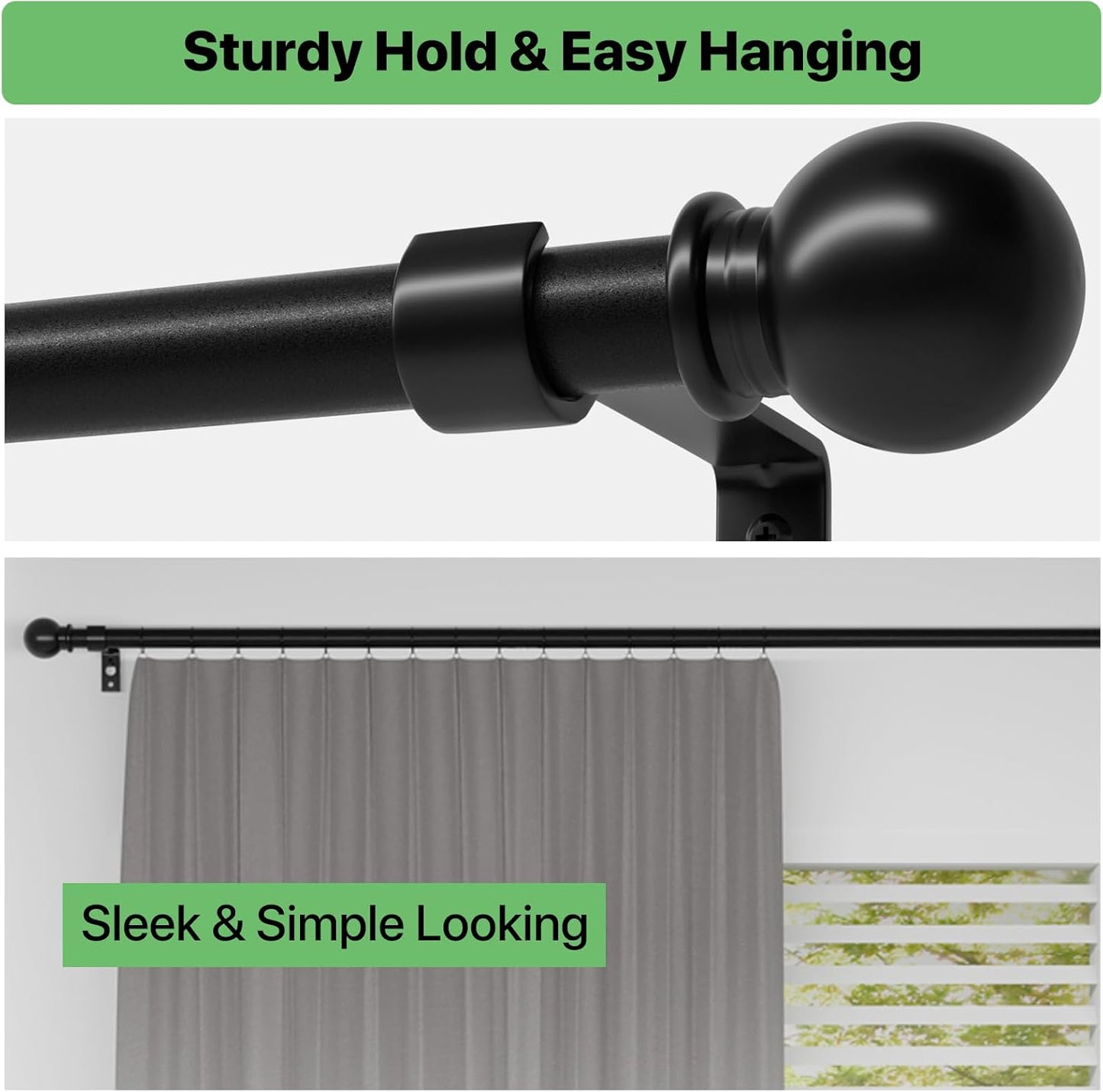 Curtain Rods for Windows 28 to 48 inch, 5/8 inch Black Curtain Rod Set with Brackets, Splicing Adjustable Metal Drapery Rod for Bedroom, Kitchen, Living Room, Matte Black