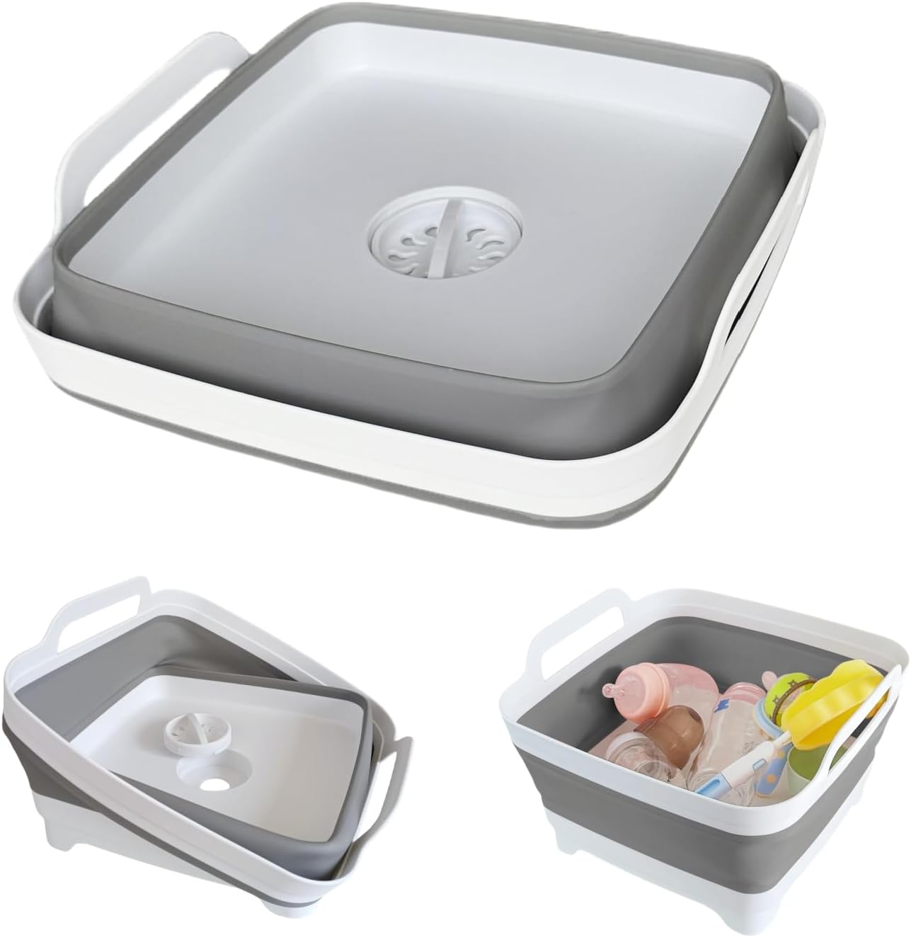 Collapsible Wash Basin with Drain Plug - 2.4 Gallon Foldable Kitchen Sink for Baby Bottles, RV Camping, Space-Saving Dish Tub (Gray)