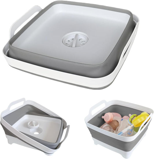 Collapsible Wash Basin with Drain Plug - 2.4 Gallon Foldable Kitchen Sink for Baby Bottles, RV Camping, Space-Saving Dish Tub (Gray)