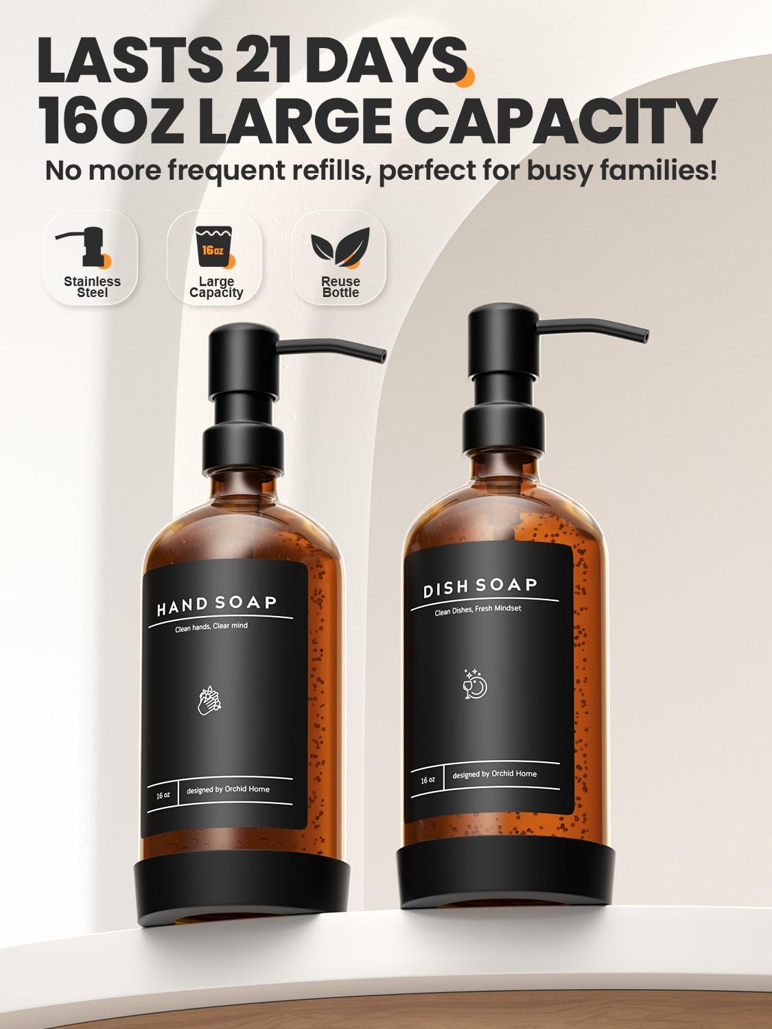 [Luxury] Kitchen Soap Dispenser Set - 16OZ Amber Glass Bottle, Stainle