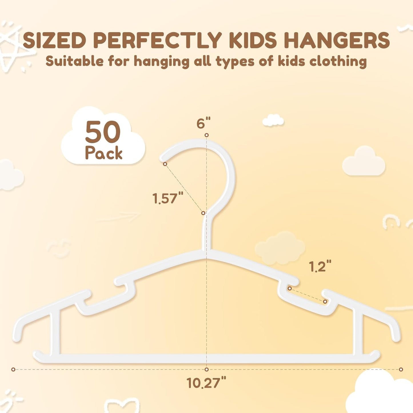 Kids Plastic Hangers, Baby Clothes Hangers for Closet 50 Packs Non-Slip Toddler Hangers for Infant Child Clothing, Small Children, for Pants Coats Skirts (White)