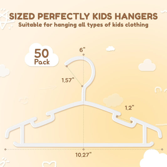 Kids Plastic Hangers, Baby Clothes Hangers for Closet 50 Packs Non-Slip Toddler Hangers for Infant Child Clothing, Small Children, for Pants Coats Skirts (White)