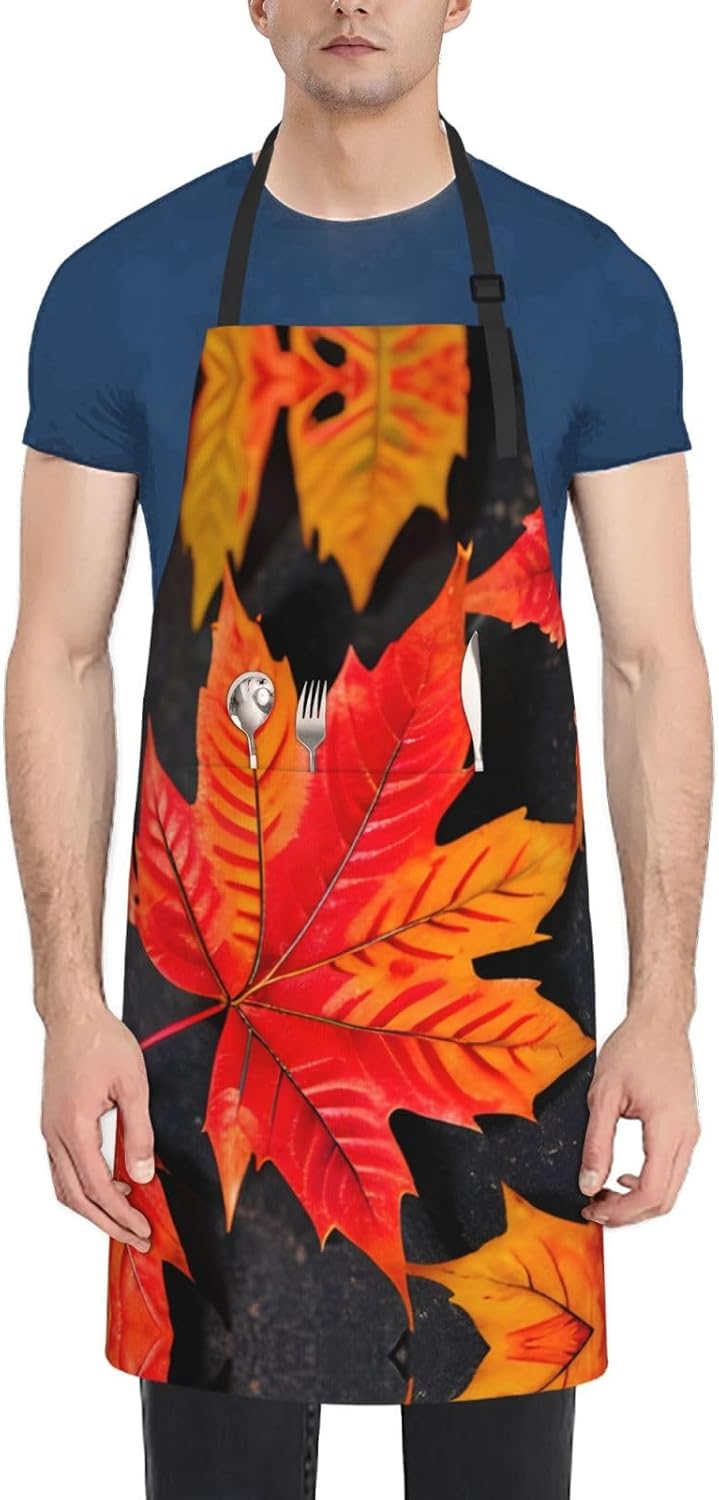 Fall Red Leaves Print Laundry apron 28x33 In Waterproof Kitchen Apron with Pockets for Cooking Baking