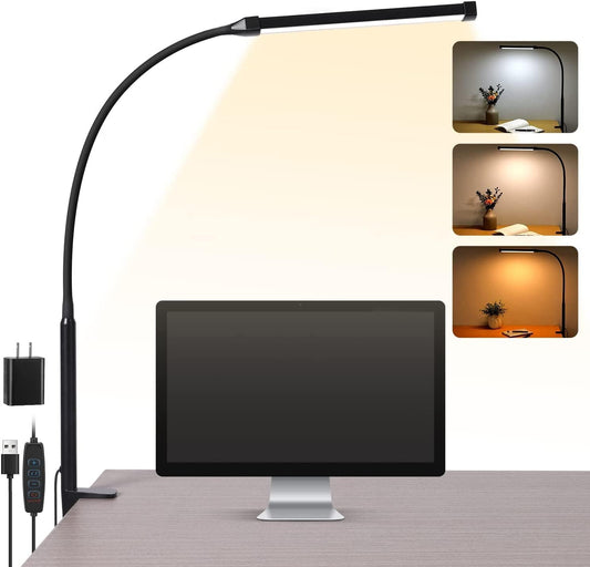 LED Desk Lamp with Clamp, Eye-Caring Clip on Lights for Home Office, 3 Modes 10 Brightness, Long Flexible Goose-Neck, Metal, Swing Arm Architect Task Table Lamps with USB Adapter, Black