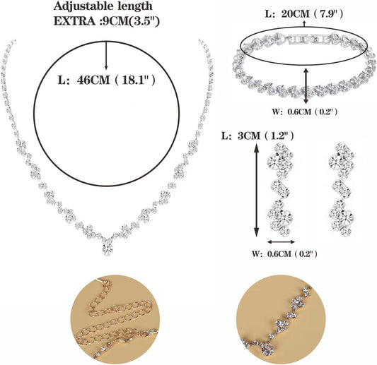 Crystal Wedding Jewelry Set, Silver Necklace Earrings Bracelet Crystal